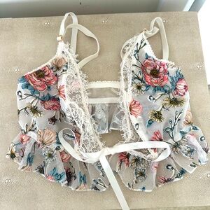 Sheer Floral Lace Bralette in Cream with Pink & Blue Flowers